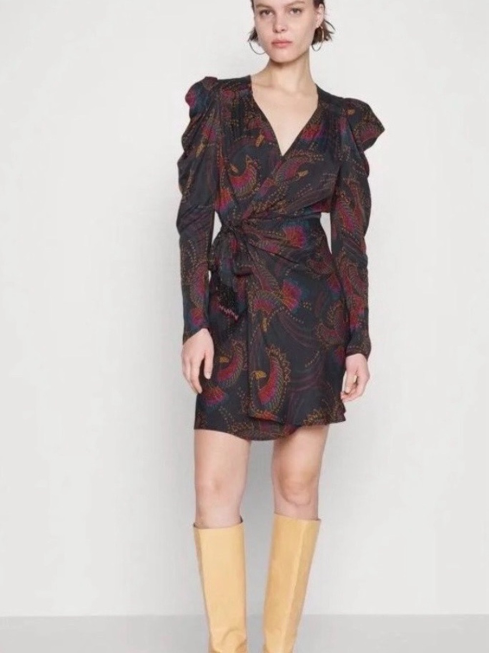Farm Rio Sequin Toucans Women's Black Paisley Wrap Mini Dress